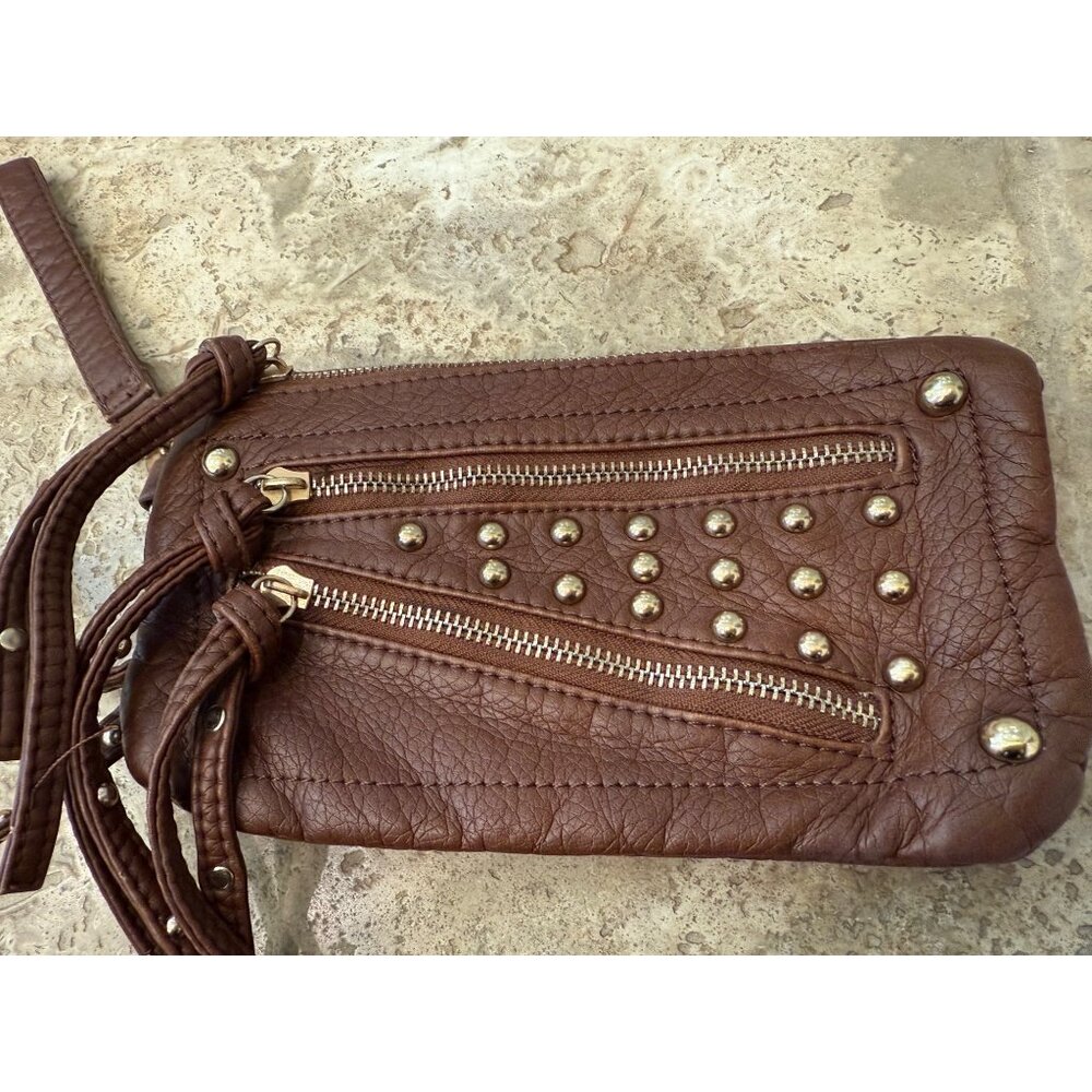 Revolution Tan Leather Wristlet With Gold Studs & Zipper Accents By Fossil